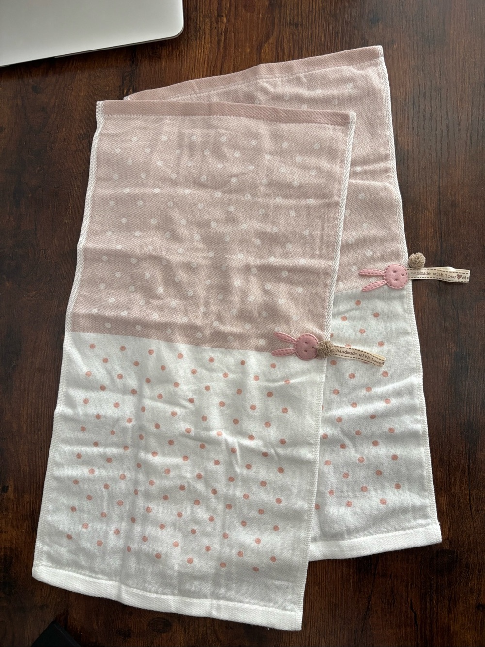 Hand Towels Set of 2, 100% Cotton, Pink Polka Dot, Handmade Bunny Accent
